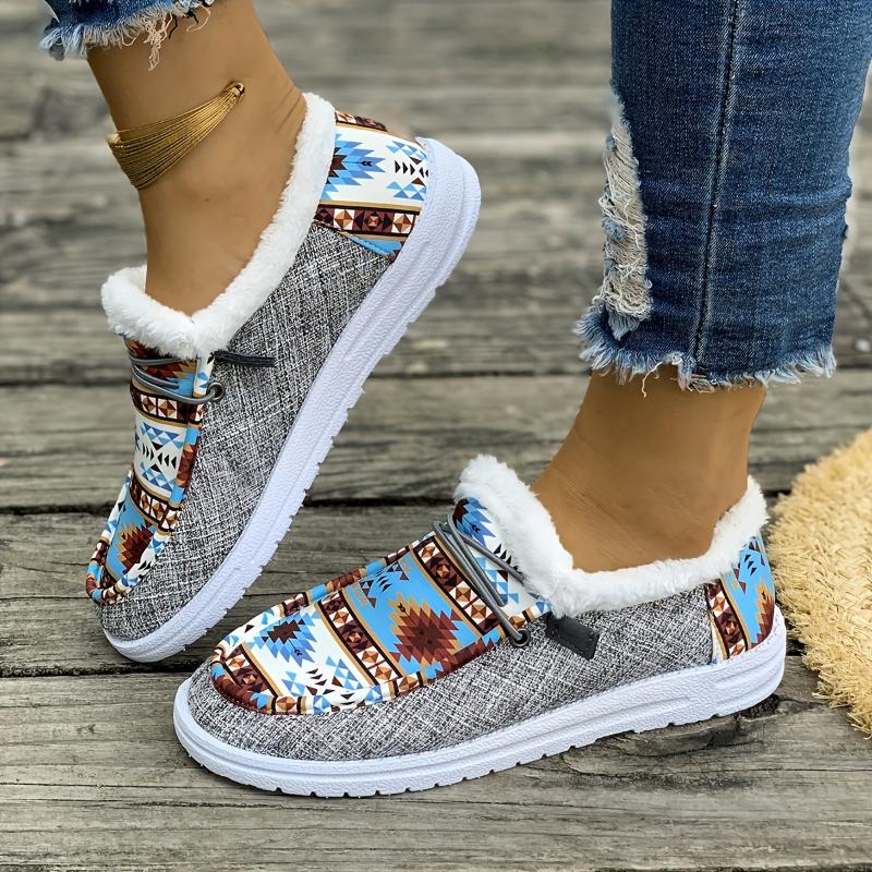 Cozy Fluffy Tribal Loafers - Women's Soft Sole Warm Plush Lined Winter Shoes for Snow - Non-slip Round Toe Comfortable Slip-Ons with Breathable Lining