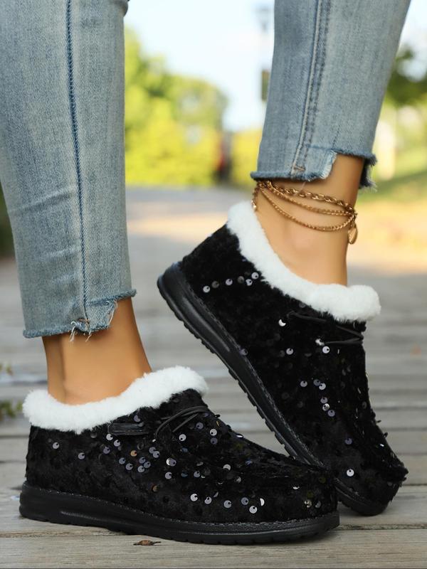 Women's Fashionable Contrast Sequin Design Plush Slip on Sneakers, Casual Comfortable Low Top Shoes for Daily Wear, Female All-match Round Toe Sports Shoes for Winter, Fall Shoes