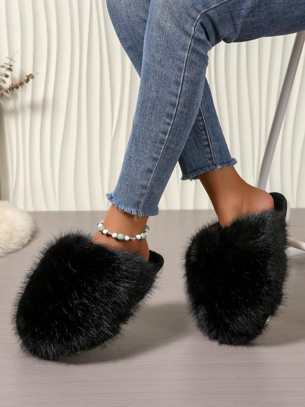 Women's Solid Color Plush Slippers, Casual Soft Comfortable Home Slippers, Warm Slippers for Indoor & Outdoor Use for Fall & Winter Fur Slippers