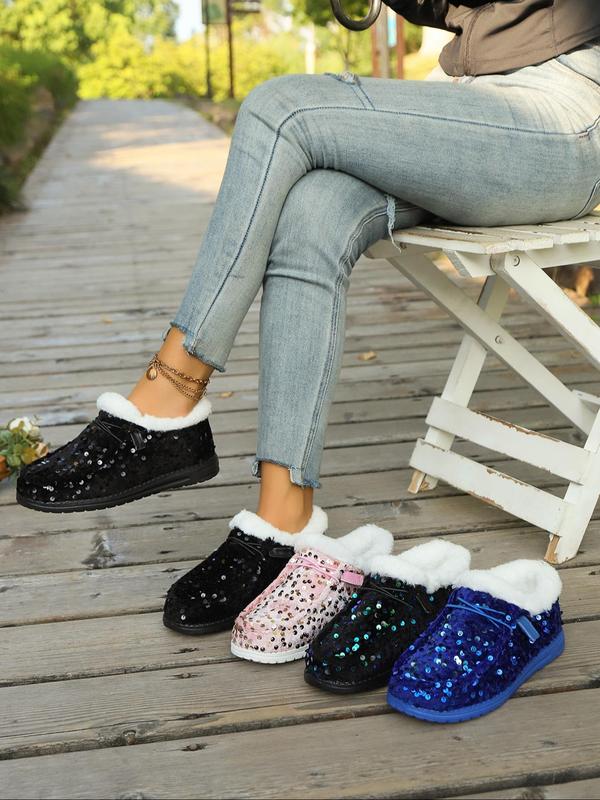 Women's Fashionable Contrast Sequin Design Plush Slip on Sneakers, Casual Comfortable Low Top Shoes for Daily Wear, Female All-match Round Toe Sports Shoes for Winter, Fall Shoes