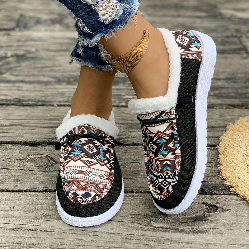 Cozy Fluffy Tribal Loafers - Women's Soft Sole Warm Plush Lined Winter Shoes for Snow - Non-slip Round Toe Comfortable Slip-Ons with Breathable Lining