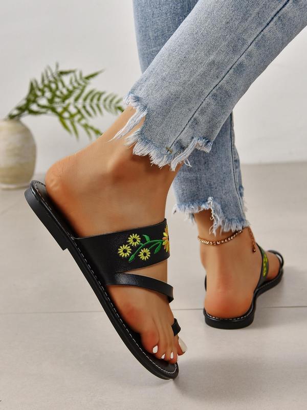 Women's Fashionable Floral Embroidering Slide Sandals, Casual Versatile Beach Popular 2024 Summer Sandals, Vintage All-match Flat Sandals for Women and Girls