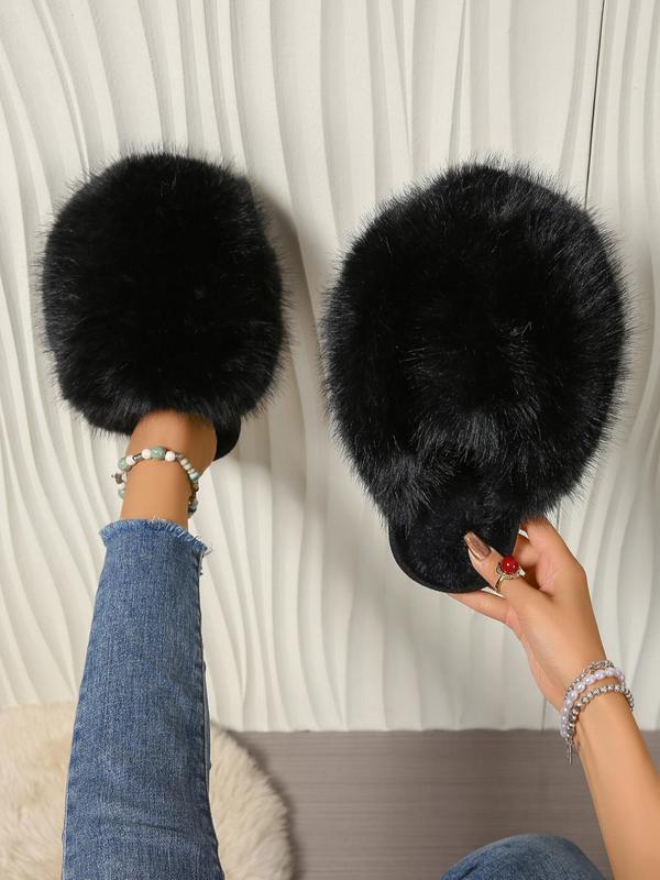 Women's Solid Color Plush Slippers, Casual Soft Comfortable Home Slippers, Warm Slippers for Indoor & Outdoor Use for Fall & Winter Fur Slippers