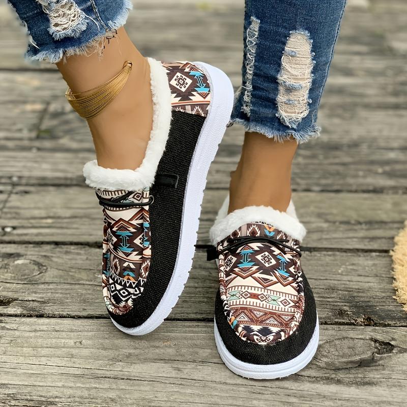 Cozy Fluffy Tribal Loafers - Women's Soft Sole Warm Plush Lined Winter Shoes for Snow - Non-slip Round Toe Comfortable Slip-Ons with Breathable Lining