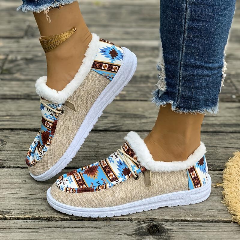 Cozy Fluffy Tribal Loafers - Women's Soft Sole Warm Plush Lined Winter Shoes for Snow - Non-slip Round Toe Comfortable Slip-Ons with Breathable Lining