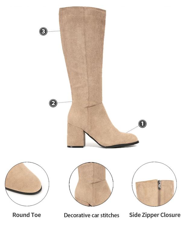 Women's Fashionable Solid Color Boots, Comfortable Block High Heel Boots, Round Toe Fashion Boots, Zipper High Knee Boots