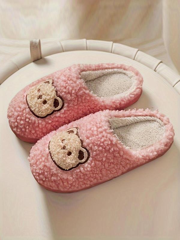 Women's Cute Cartoon Bear Decor Plush Slippers, Soft Comfy Fuzzy Bedroom Slippers, Warm Home Slippers for Fall & Winter