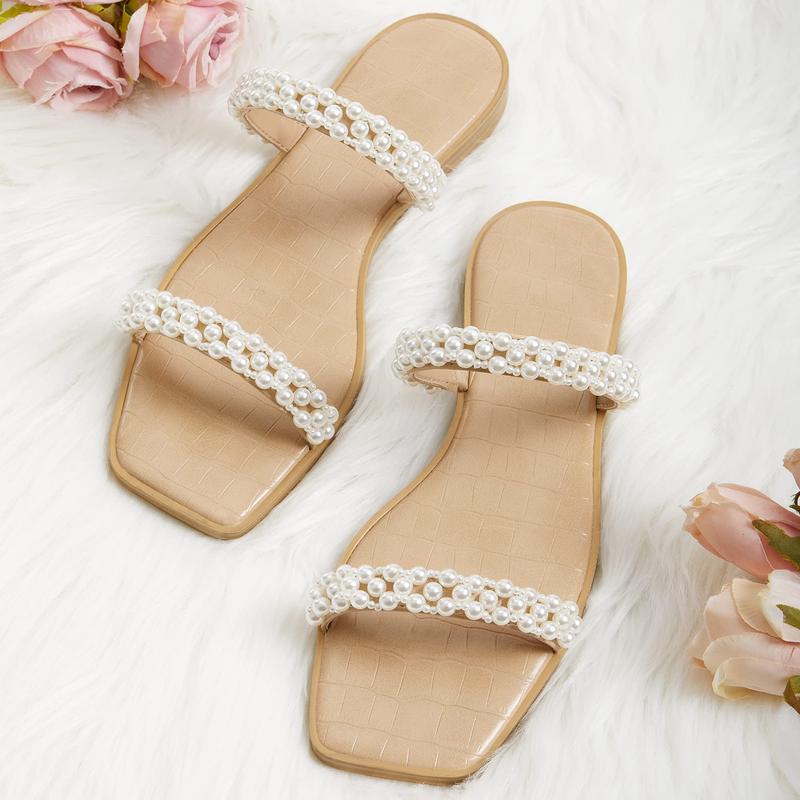 Womens Flat Sandals Square Open Toe Pearl Two Strap Slip On Beach Slide Dressy Sandal