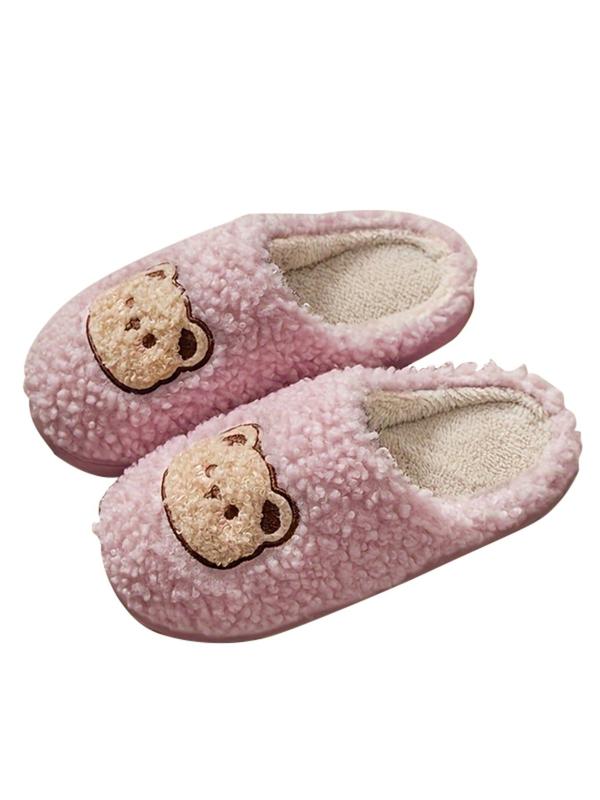 Women's Cute Cartoon Bear Decor Plush Slippers, Soft Comfy Fuzzy Bedroom Slippers, Warm Home Slippers for Fall & Winter