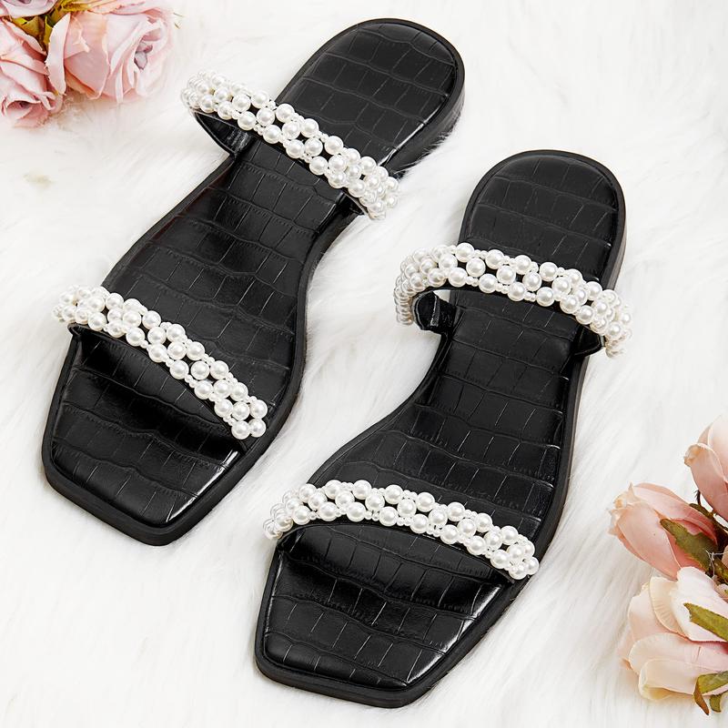 Womens Flat Sandals Square Open Toe Pearl Two Strap Slip On Beach Slide Dressy Sandal