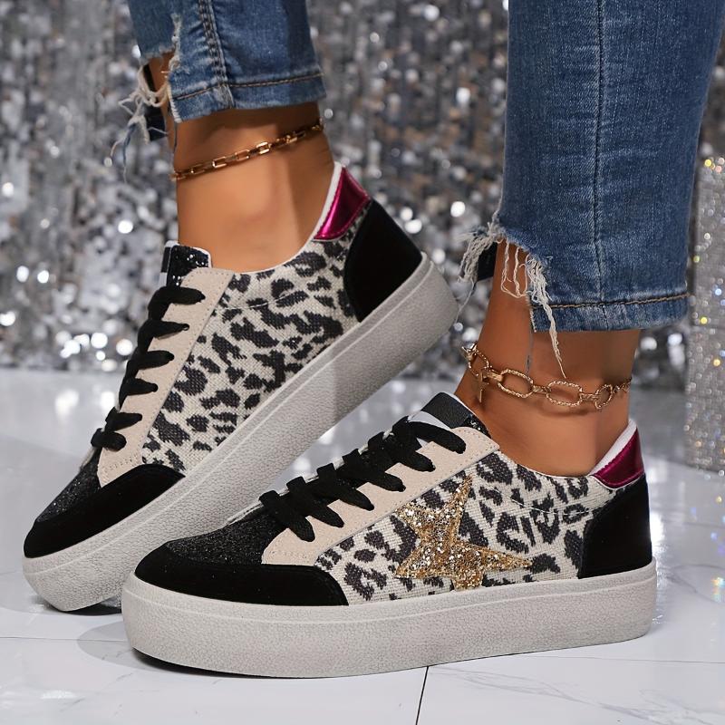 Women's Sequined Star Skate Shoes, Trendy Lace-Up Low Top Sneakers for Students and Fashionistas Training Sports Shoes