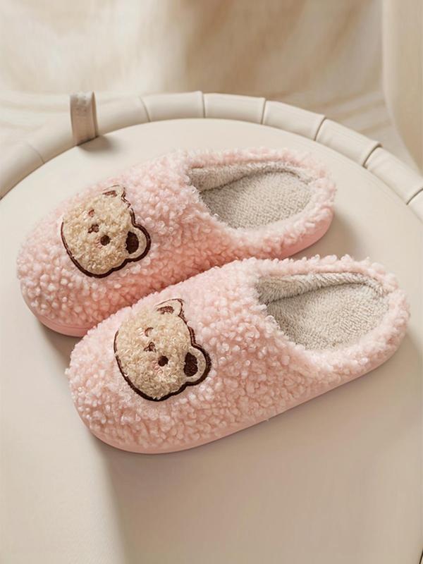 Women's Cute Cartoon Bear Decor Plush Slippers, Soft Comfy Fuzzy Bedroom Slippers, Warm Home Slippers for Fall & Winter