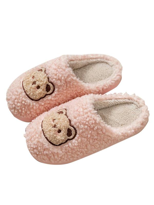 Women's Cute Cartoon Bear Decor Plush Slippers, Soft Comfy Fuzzy Bedroom Slippers, Warm Home Slippers for Fall & Winter