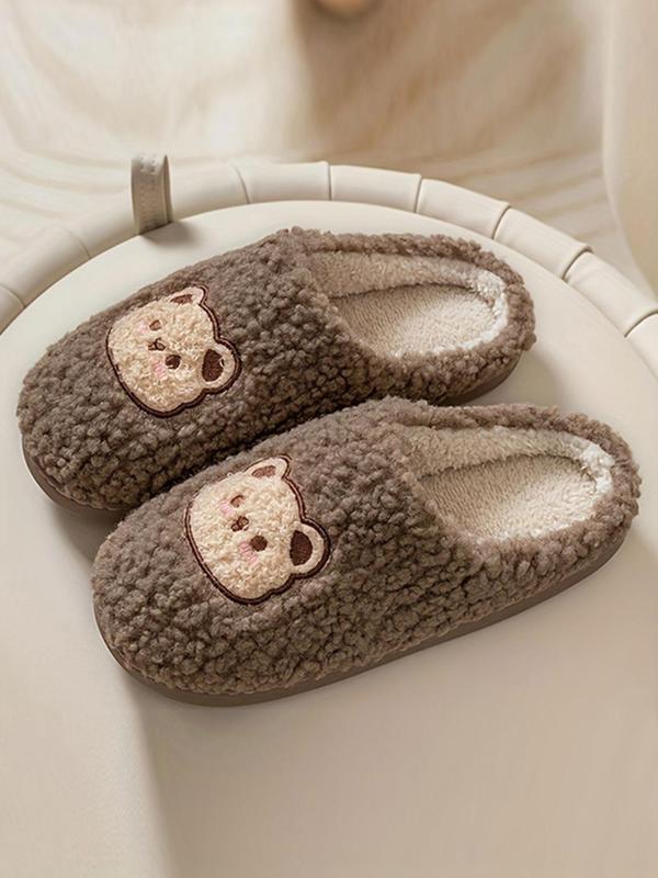 Women's Cute Cartoon Bear Decor Plush Slippers, Soft Comfy Fuzzy Bedroom Slippers, Warm Home Slippers for Fall & Winter