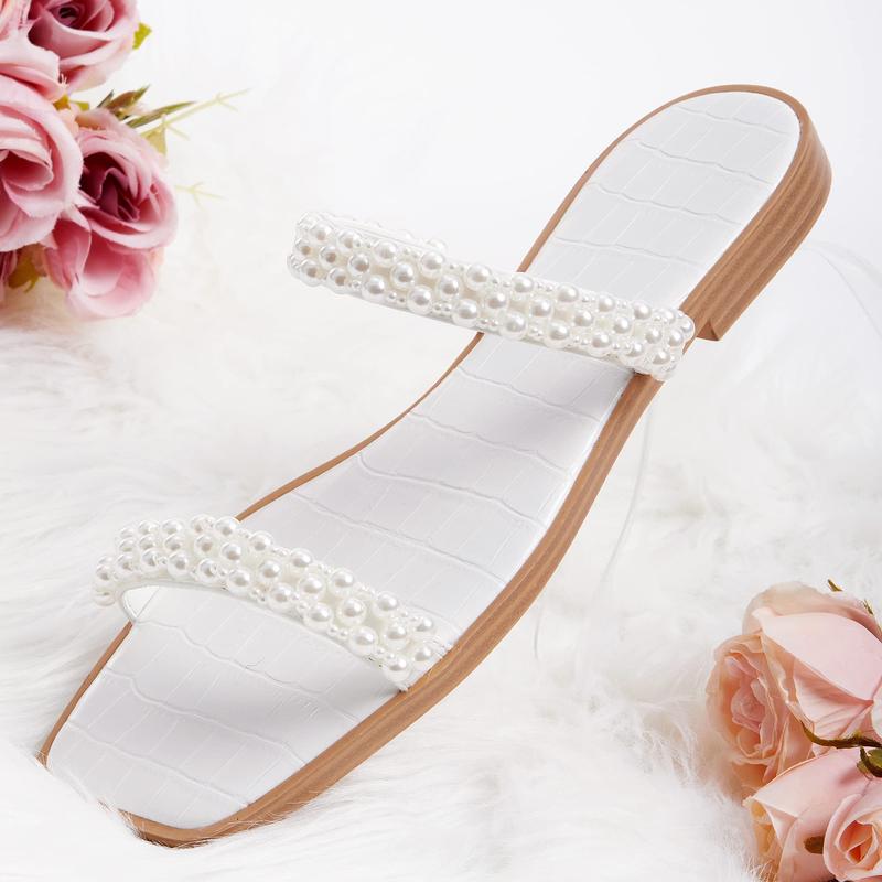 Womens Flat Sandals Square Open Toe Pearl Two Strap Slip On Beach Slide Dressy Sandal