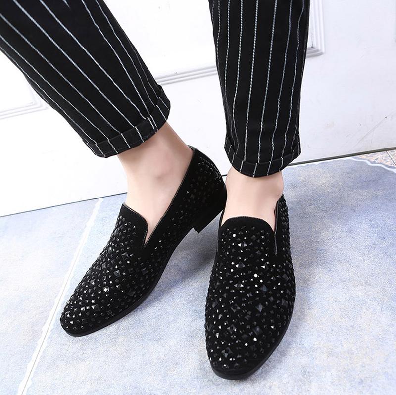 Men's Rihnestone Suede Loafers - Slip on Dress Wedding Prom Shoes Footwear Boy