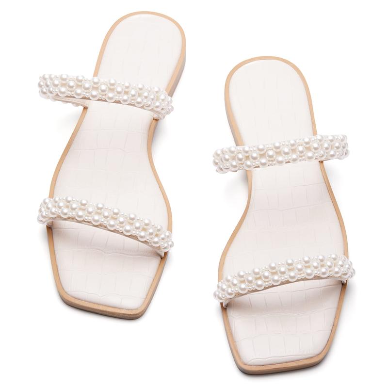 Womens Flat Sandals Square Open Toe Pearl Two Strap Slip On Beach Slide Dressy Sandal