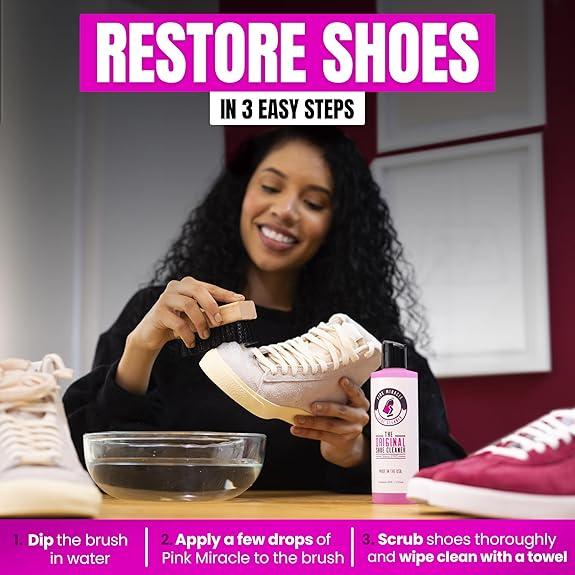 Pink Miracle Shoe Cleaner Kit with Bottle and Brush For Fabric Cleaner For Leather, Whites, Suede and Nubuck Sneakers