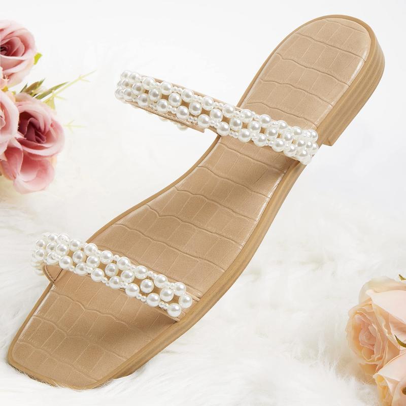 Womens Flat Sandals Square Open Toe Pearl Two Strap Slip On Beach Slide Dressy Sandal