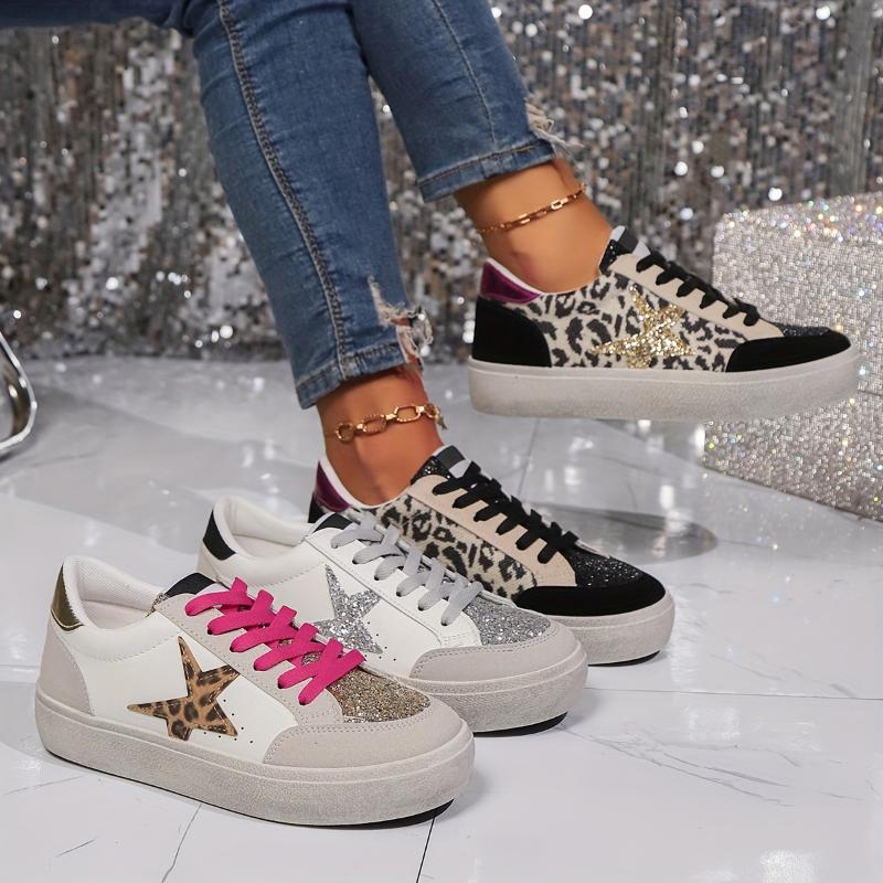 Women's Sequined Star Skate Shoes, Trendy Lace-Up Low Top Sneakers for Students and Fashionistas Training Sports Shoes